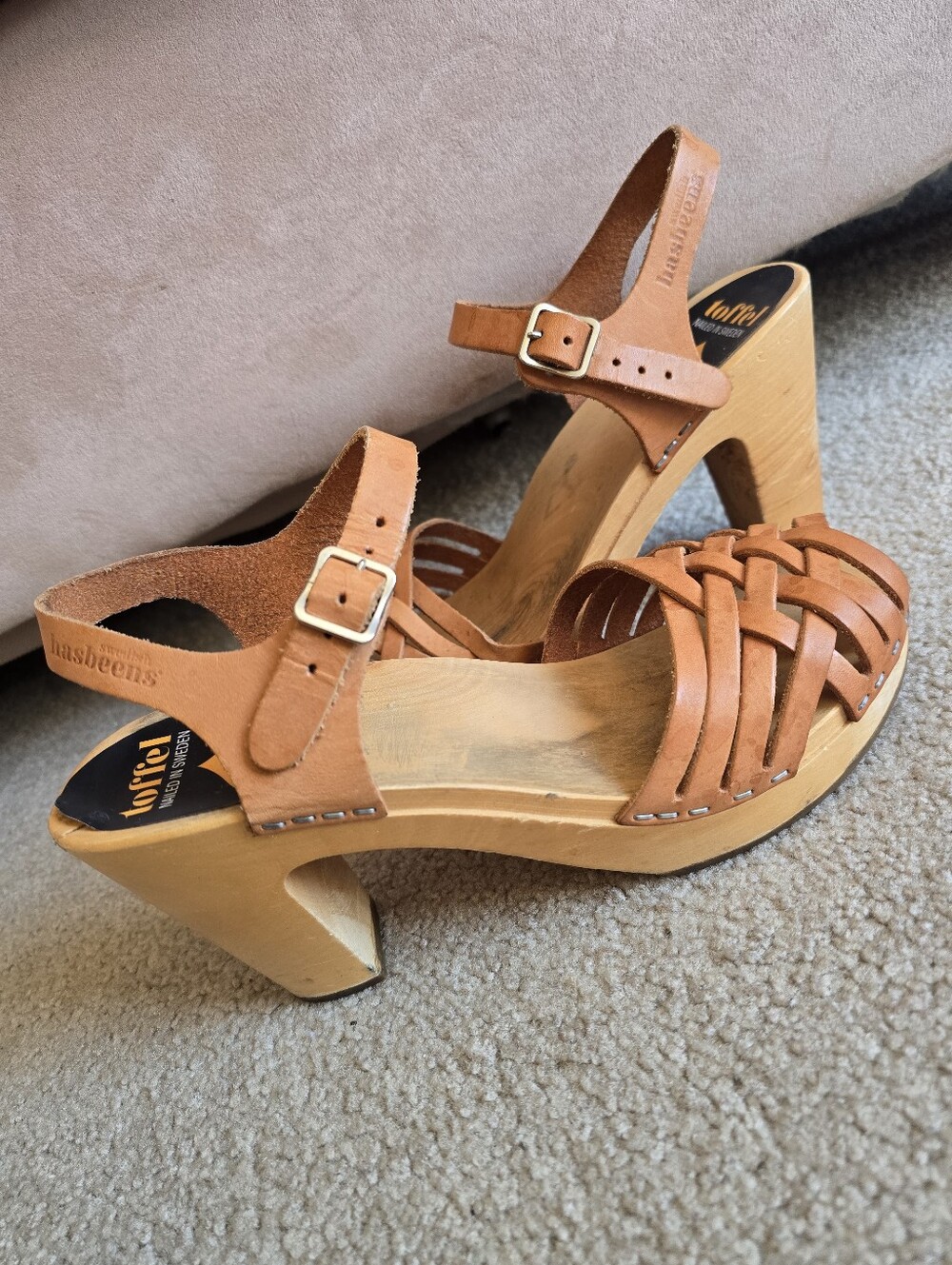 Swedish Hasbeens Toffel Leather Wooden Clog Heels EU 38 US 7.5